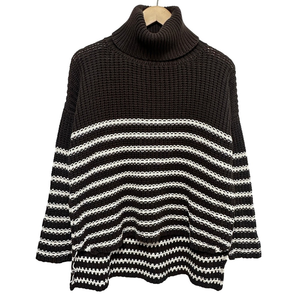 Faithfull The Brand Erika Chunky Knit Turtleneck Sweater Womens M Brown Striped